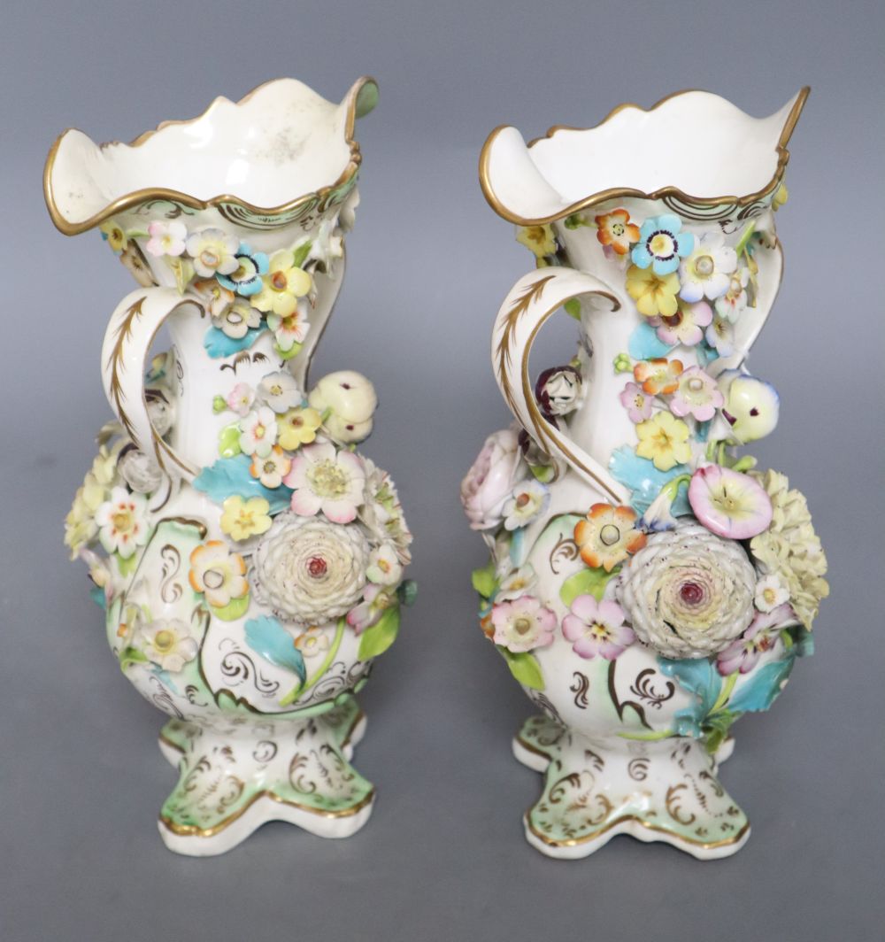 A pair of Staffordshire floral encrusted vases, c.1830s, Coalbrookdale type, height 26cm